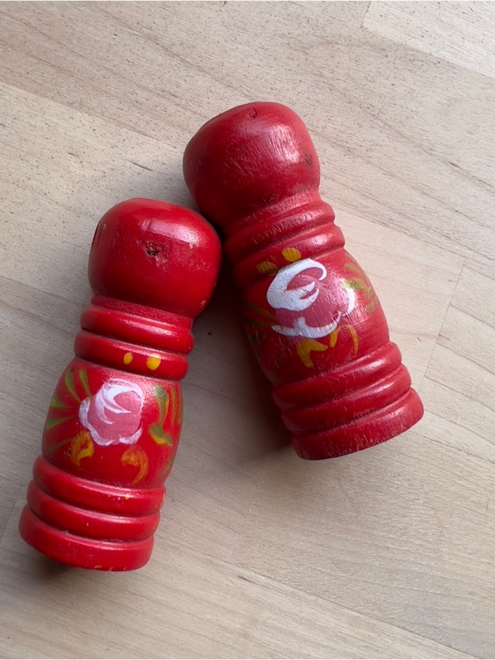 Vintage Red Wooden Hand Painted Floral Design Salus Salt and Pepper Shakers Set